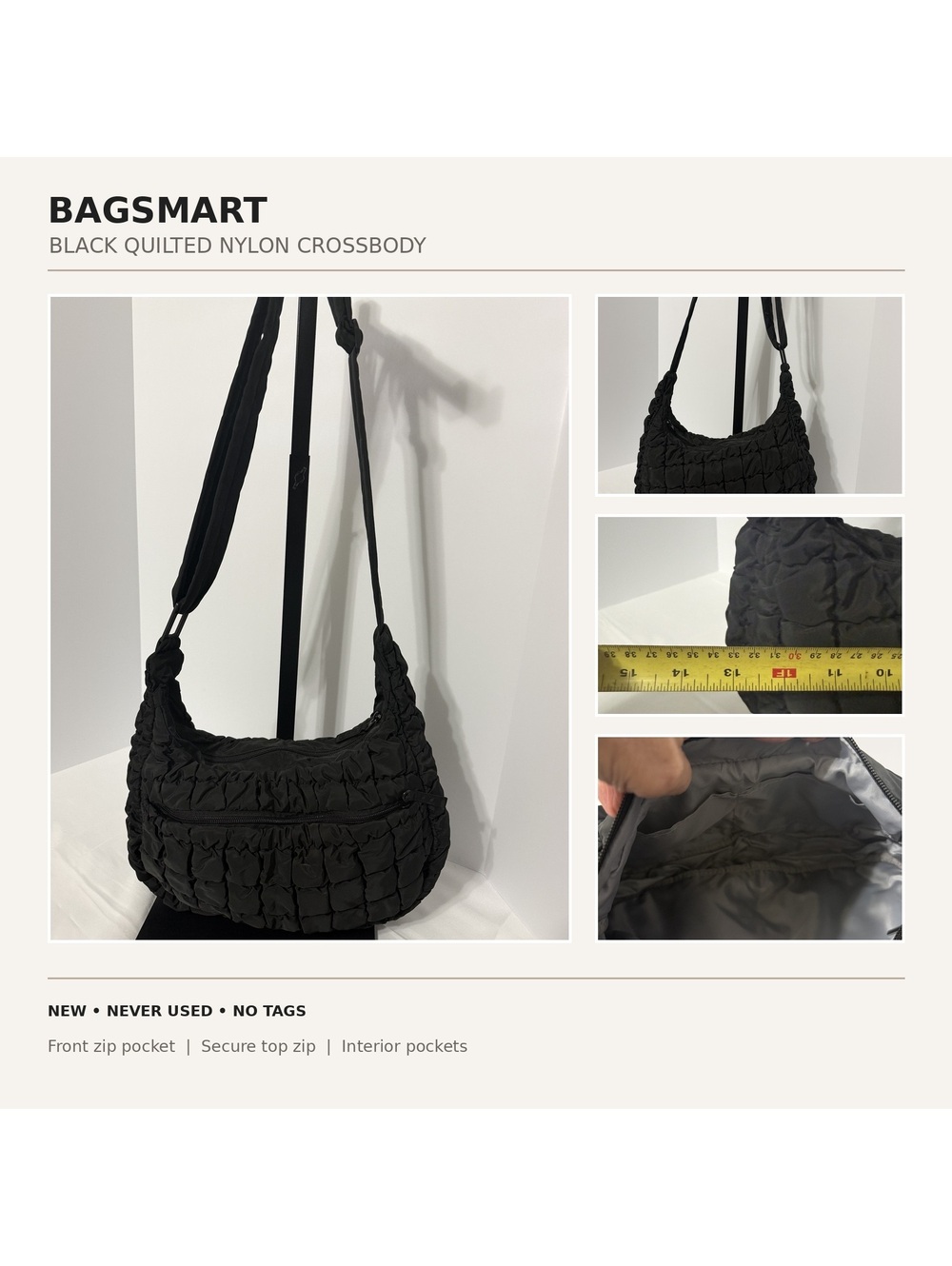 BAGSMART Black Quilted Nylon Crossbody Bag - New, No Tags